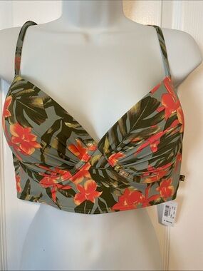 La Vie En Rose Olive and Coral Floral Longline Bikini Top